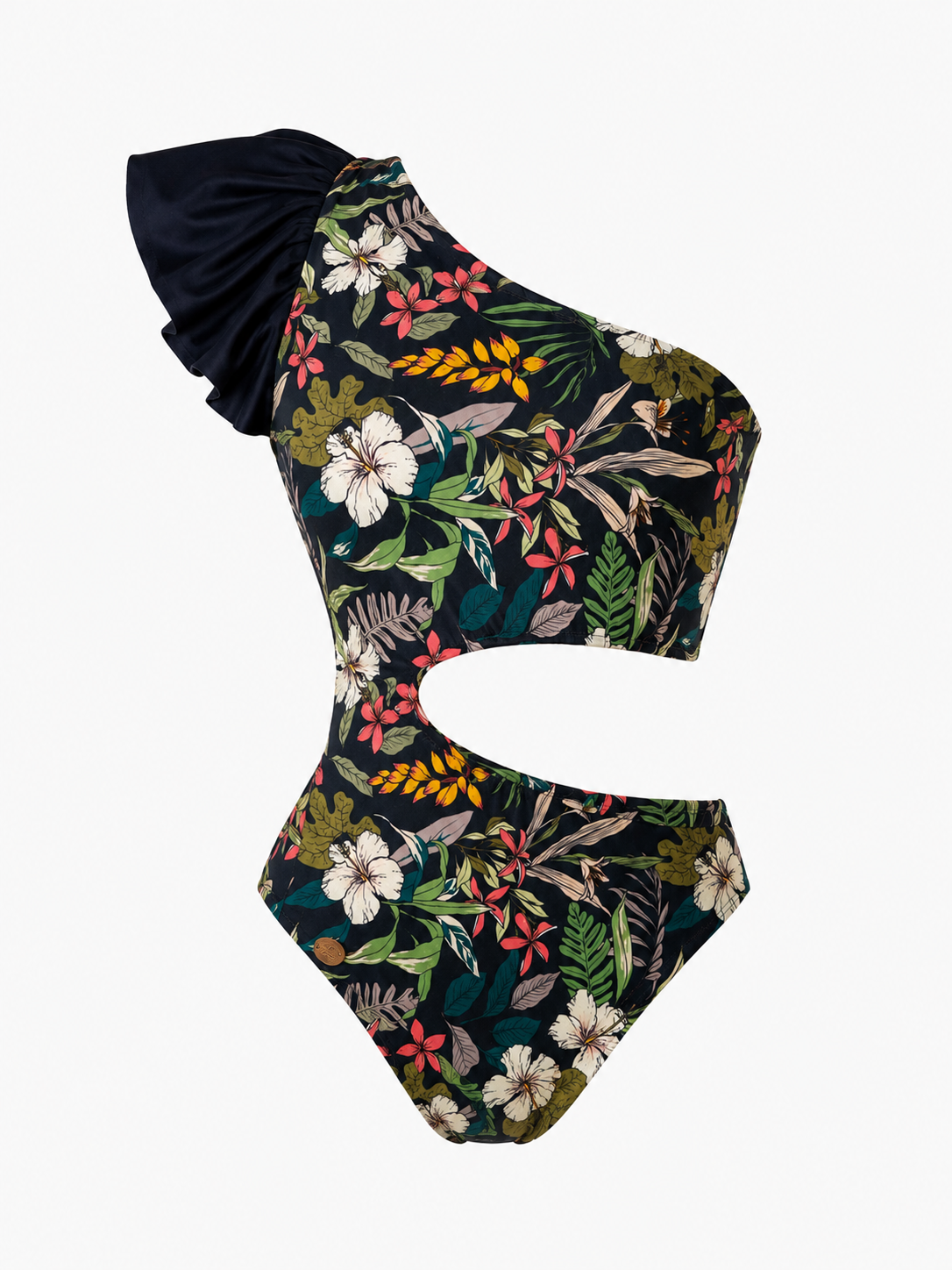 Product image highlighting the swimsuit’s unique design and floral details for e-commerce display.